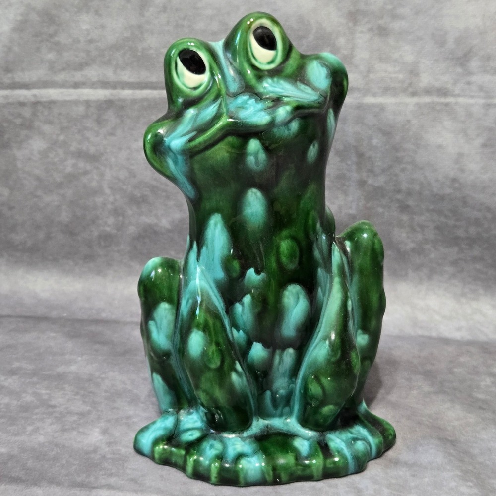 Vintage Ceramic Frog Large Green Drip Glaze MCM Handmade 9.5"